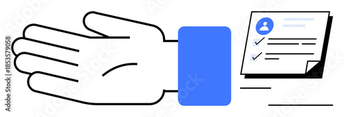Open hand and checklist with blue accents, indicating support, task completion, and organization. Ideal for productivity, teamwork, trust, efficiency, guidance collaboration and simple flat