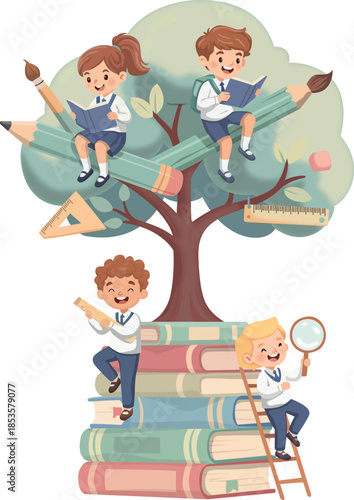 School Children Studying on Stack of Books with Tree