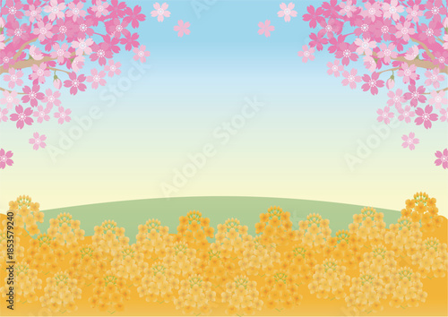 Spring landscape background with cherry blossoms and rapeseed flowers. Bright blue sky with copy space, floral frame