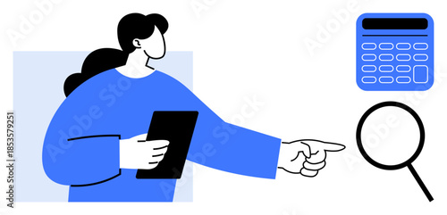 Woman holding tablet points toward calculator and magnifying glass, symbolizing analysis, precision, and exploration. Ideal for finance, research, business, problem-solving, education strategy