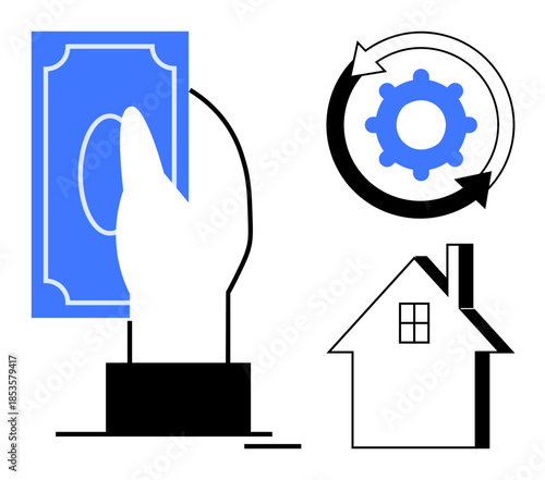 Real estate, investment, loans, financial planning, process management, homeownership. Hand holding money, gear indicating processes and a house. Real estate and investment symbolism