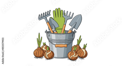 Gardening tools in a metal bucket surrounded by sprouting onion bulbs, ready for planting in a spring garden setting.