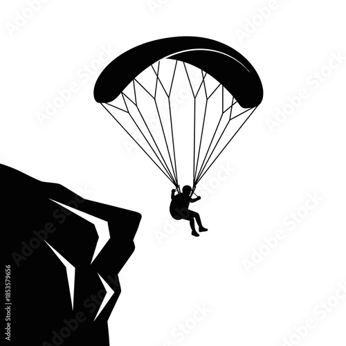 Extreme Base Jumping Silhouette with Parachute off Cliff for Adventure and Adrenaline Sports