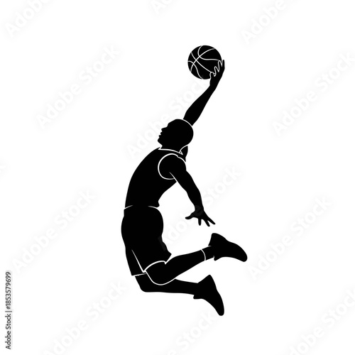 Basketball Player Silhouette Jumping for Slam Dunk Action Sport and Athletic Competition Graphic