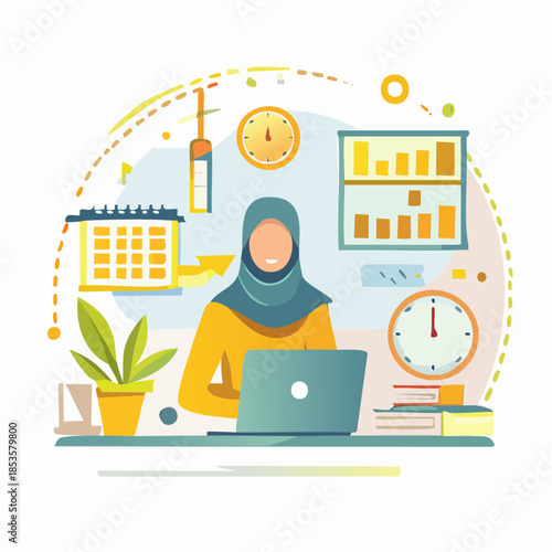 A woman wearing a hijab working on a laptop with various office supplies and graphs surrounding her in a modern workspace