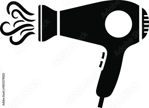 Black and white illustration of a hair dryer emitting steam or hot air