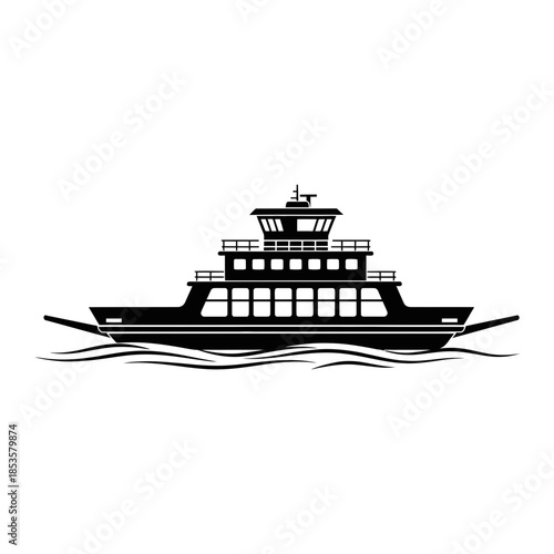 Passenger Ferry Boat Silhouette on Water for Maritime Travel and Coastal Transportation Graphics