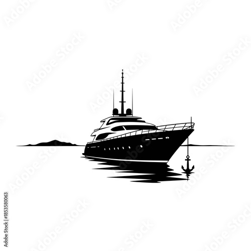 Luxury Yacht Silhouette with Anchor and Waves for Nautical Travel and Maritime Vacation Themes
