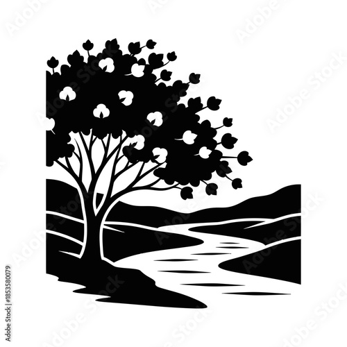 Serene Tree and River Landscape Silhouette for Nature Conservation and Outdoor Scenery Graphics