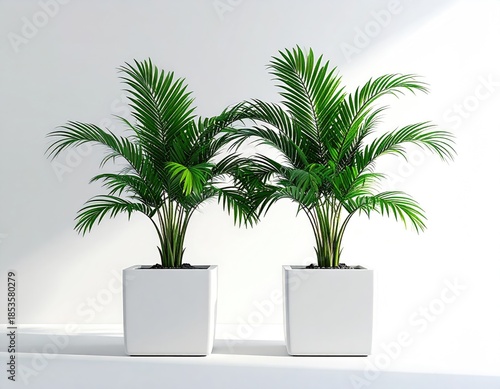 Two lush green plants in white square planters