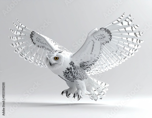 Majestic snowy owl in graceful flight on white