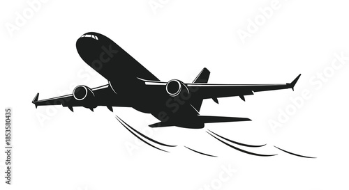 A striking black airplane in flight depicted with dynamic lines and a bold silhouette