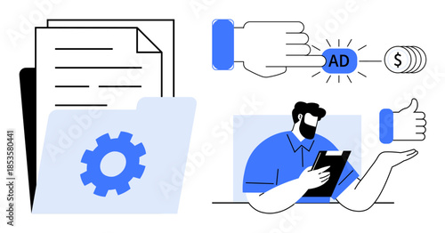 Digital marketing, ad monetization, business management, online transactions, workflow optimization, advertising. Documents and settings gear, hand pressing ad button. Digital marketing