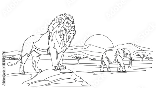 High-quality black continuous line art of lion standing proudly on a rock and elephant walking calmly across the savanna, African wildlife, minimalist animal illustration
