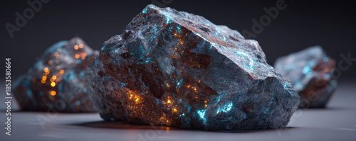 Glowing mineral rock with blue and orange light reflections on rough surface in dark background