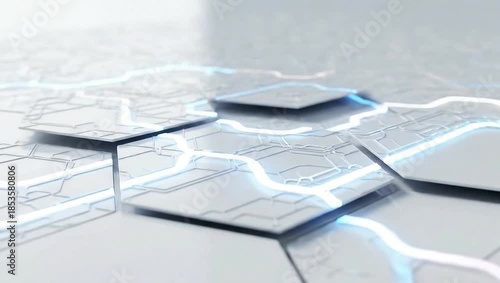 Hexagonal tiles with glowing lines rising and falling.