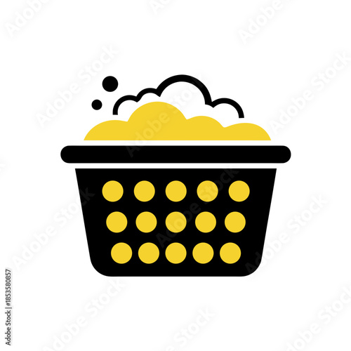 Laundry basket icon with yellow soap bubbles, a simple graphic design representing washing and cleanliness
