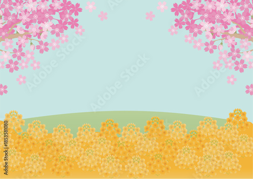 Spring landscape background with cherry blossoms and rapeseed flowers. Bright blue sky with copy space, floral frame