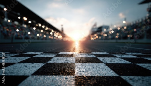 A checkered finish line on a track beneath stadium lights at sunset