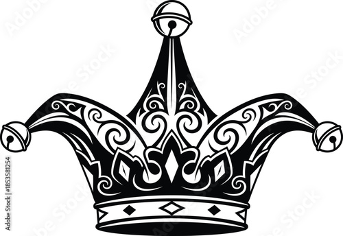 A detailed black and white illustration of a traditional jester s crown