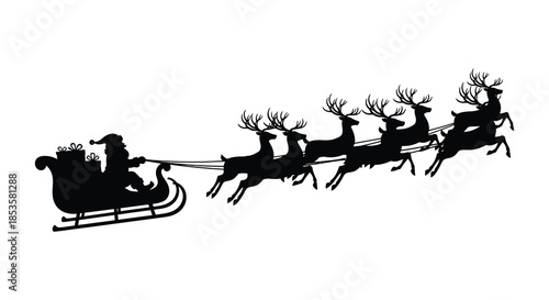A festive scene depicting santa claus and his reindeer flying across the night sky silhouette