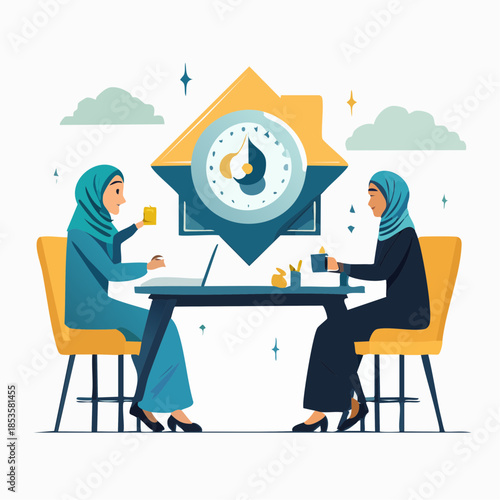 Two women in hijab collaborating at a table with a laptop and drinks under a star symbol