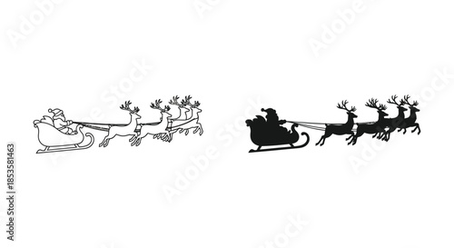 a festive scene depicting santa claus and his reindeer in flight presented as a silhouette