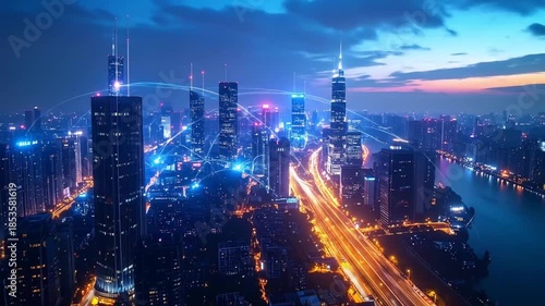 Wallpaper Mural Futuristic Cityscape with Glowing Lines at Dusk Torontodigital.ca