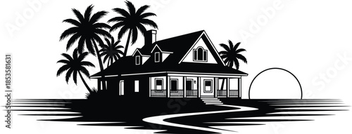 A black and white illustration of a house with palm trees and ocean waves