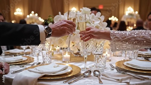 Elegant Wedding Reception Table Setting with Floral Centerpiece and Guests Toasting.