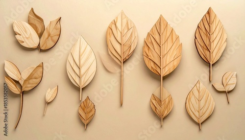 Wooden leaves in varying sizes arranged on a surface