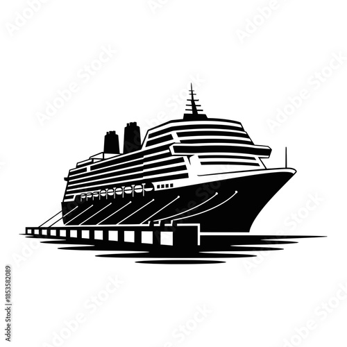 Luxury Cruise Ship Silhouette at Dock for Maritime Travel and Vacation Tourism Graphics