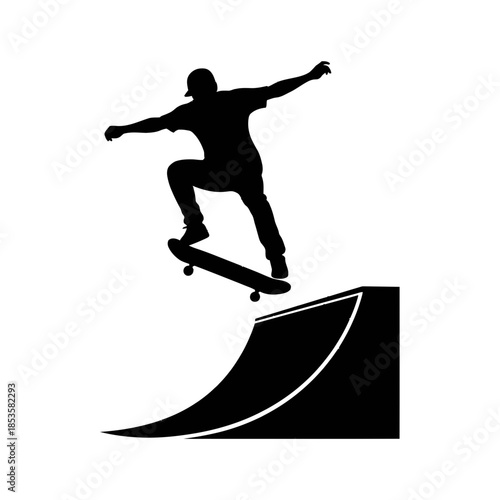 Dynamic Skateboarder Jump Silhouette On Half Pipe Ramp Extreme Sport Action Skateboarding Graphic