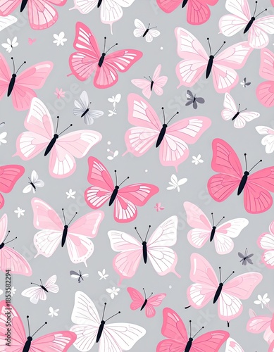 Pattern of pink & white butterflies on a grey background