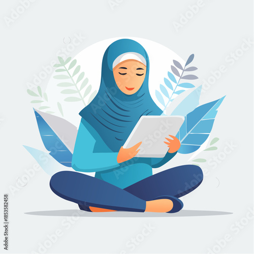 Woman in hijab meditating with tablet surrounded by foliage in serene environment