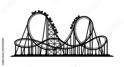 A striking black and white illustration of a complex wooden roller coaster design silhouette