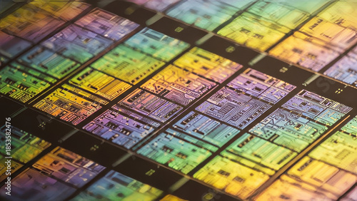 Macro View of Colorful Semiconductor Wafer Dies with Intricate Circuitry Patterns