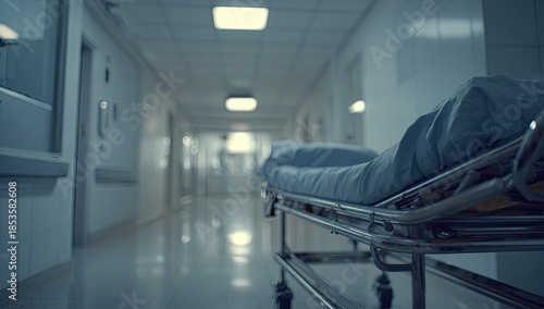 Empty, illuminated hospital corridor with a gurney in the foreground