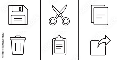 Simple file action icons for cut, copy, paste, rename, share, save, and delete in UI and apps.