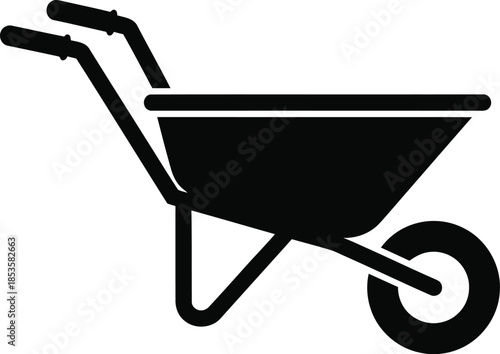 Simple black silhouette illustration of a classic gardening wheelbarrow