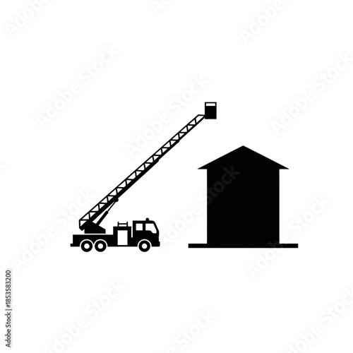 Fire Truck Extending Ladder Toward House Silhouette For Fire Safety And Emergency Service Graphic