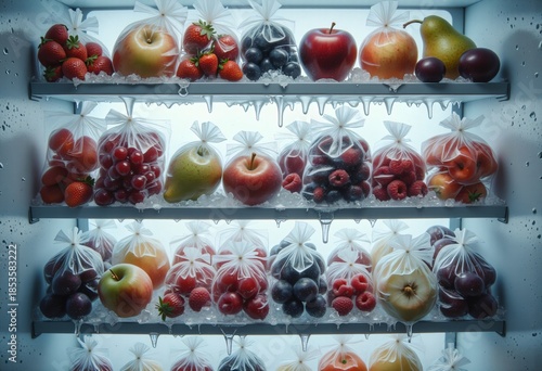 Fruit preservation concept with frozen fresh fruits in plastic bags