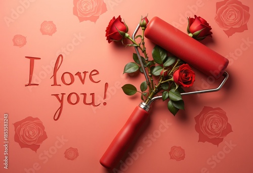 Romantic art concept with rose flowers arranged as creative paint roller