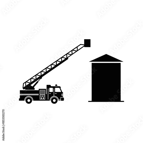 Fire Truck With Extended Ladder Next To Building Silhouette Graphic For Urban Fire Rescue Scenes