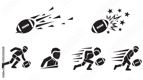 Vector illustration set of American football players in motion and flying footballs with starburst energy effects