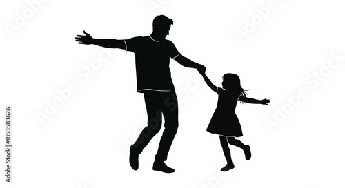 A joyful father and daughter share a playful moment captured in a striking silhouette