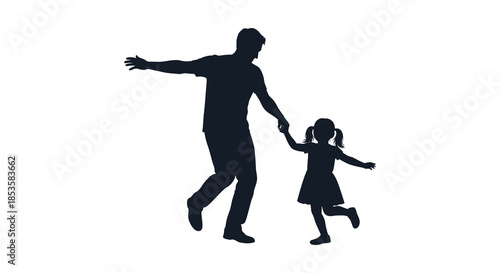A father and daughter share a joyful moment arms outstretched in a playful dance silhouette