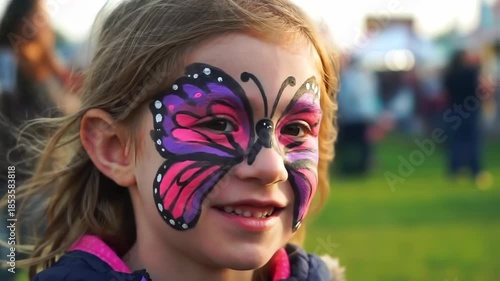 Young female child displaying vibrant butterfly face paint at outdoor event