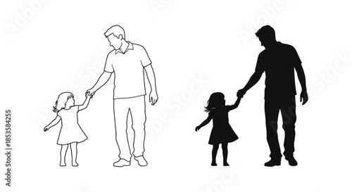 A heartwarming depiction of a father and daughter walking hand in hand shown with line art and a striking silhouette