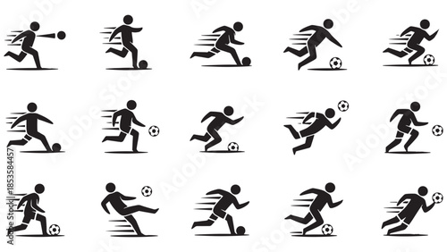 Vector silhouette set of soccer players in diverse action poses including running kicking and ball control